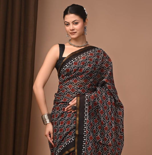 Hand Block Printed Malai Chanderi Cotton Saree with Elegant Zari Border