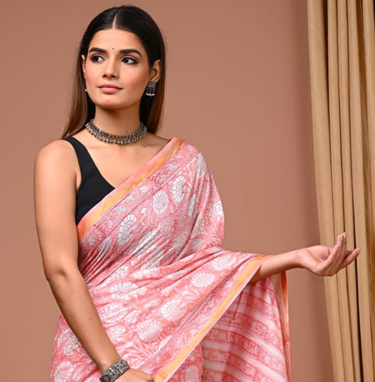 Hand Block Printed Pure Cotton Mulmul Saree with Golden Zari Border