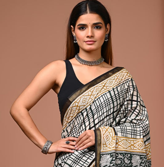 Hand Block Printed Pure Cotton Mulmul Saree with Golden Zari Border