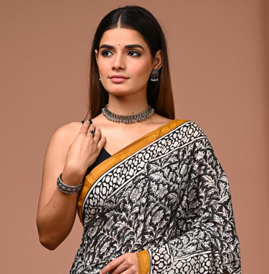 Hand Block Printed Pure Cotton Mulmul Saree with Golden Zari Border
