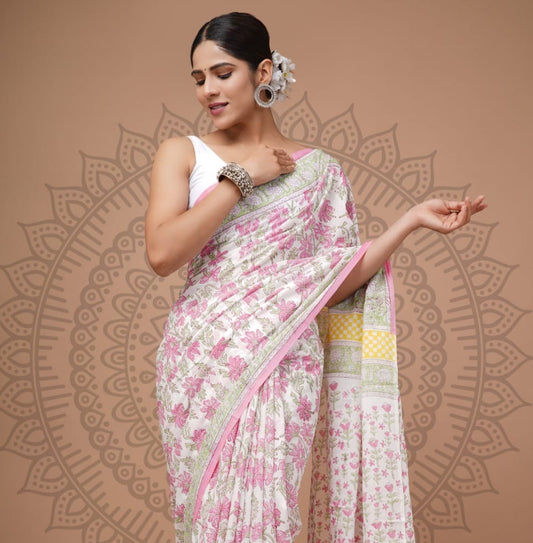New Arrival: Premium Hand Block Printed Pure Cotton Mulmul Saree with Blouse