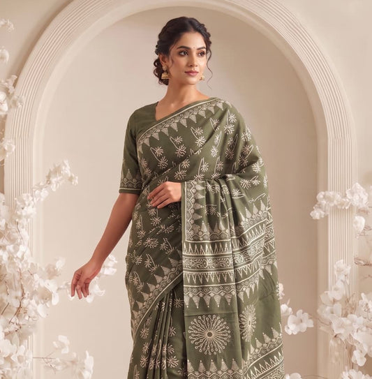 New Arrival: Premium Hand Block Printed Pure Cotton Mulmul Saree with Blouse