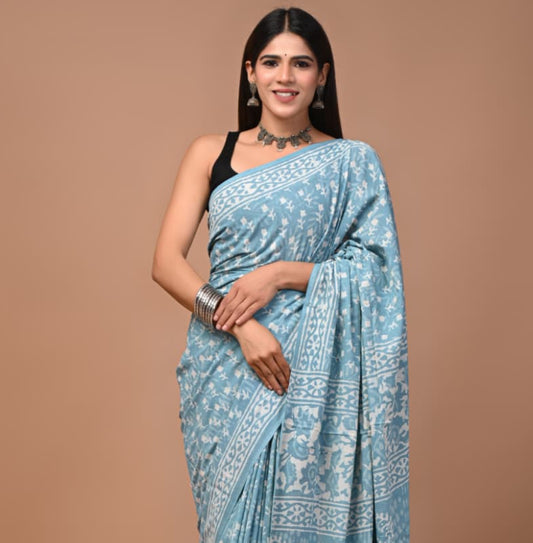 New Arrival: Premium Hand Block Printed Pure Cotton Mulmul Saree with Blouse