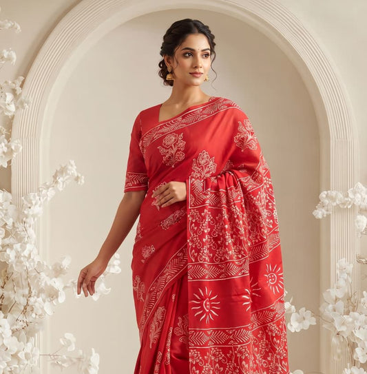 New Arrival: Premium Hand Block Printed Pure Cotton Mulmul Saree with Blouse