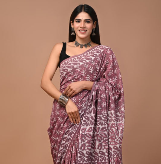 New Arrival: Premium Hand Block Printed Pure Cotton Mulmul Saree with Blouse