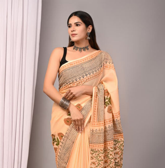 New Arrival: Premium Hand Block Printed Pure Cotton Mulmul Saree with Blouse