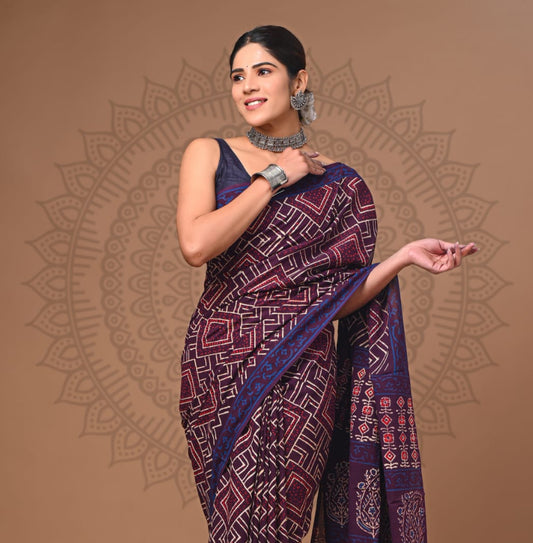 New Arrival: Premium Hand Block Printed Pure Cotton Mulmul Saree with Blouse
