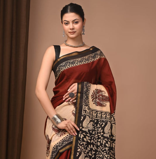 Hand Block Printed Malai Chanderi Cotton Saree with Elegant Zari Border