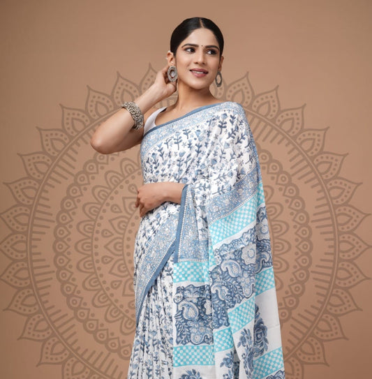 New Arrival: Premium Hand Block Printed Pure Cotton Mulmul Saree with Blouse