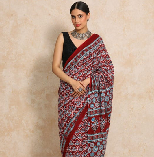Authentic Bagru Hand Block Printed Pure Cotton Mulmul Saree with Blouse