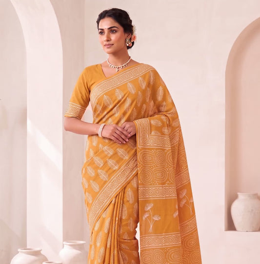 New Arrival: Premium Hand Block Printed Pure Cotton Mulmul Saree with Blouse