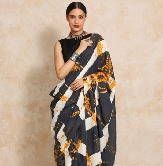 Authentic Bagru Hand Block Printed Pure Cotton Mulmul Saree with Blouse