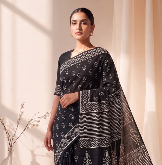 New Arrival: Premium Hand Block Printed Pure Cotton Mulmul Saree with Blouse
