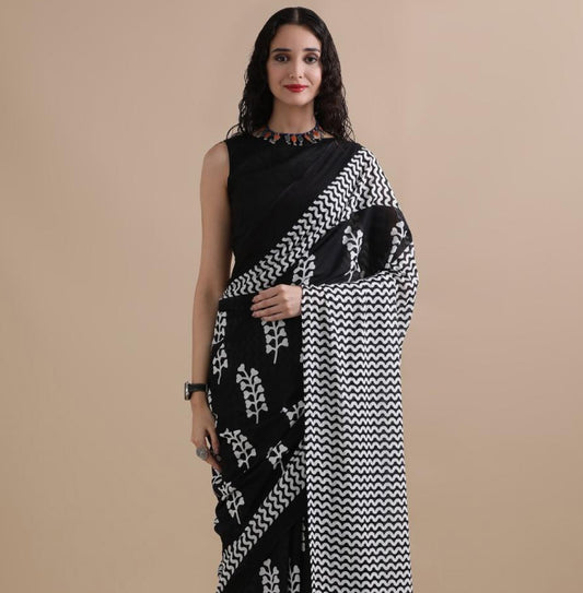 Authentic Bagru Hand Block Printed Pure Cotton Mulmul Saree with Blouse