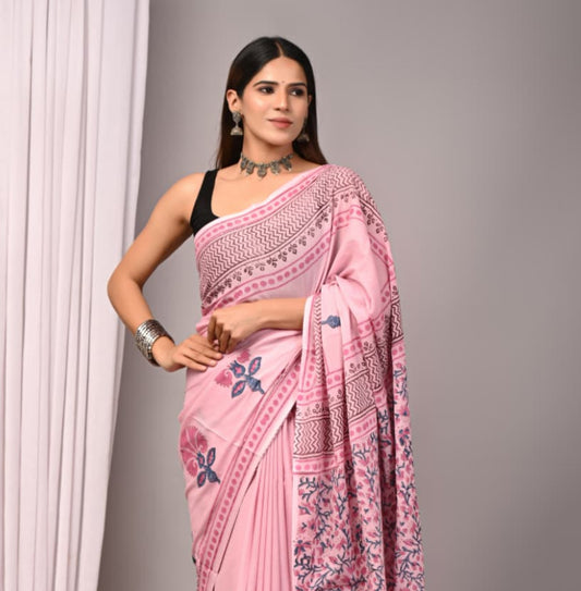 New Arrival: Premium Hand Block Printed Pure Cotton Mulmul Saree with Blouse