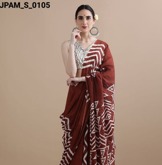 Authentic Bagru Hand Block Printed Pure Cotton Mulmul Saree with Blouse