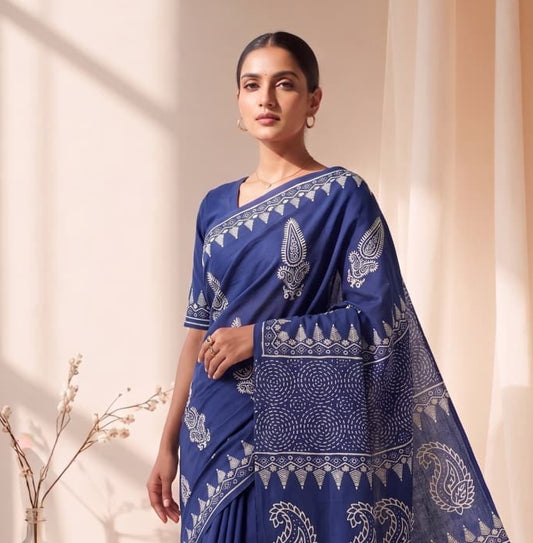 New Arrival: Premium Hand Block Printed Pure Cotton Mulmul Saree with Blouse