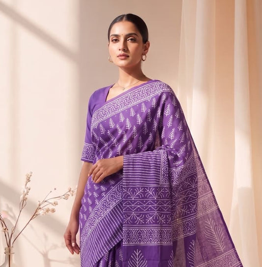 New Arrival: Premium Hand Block Printed Pure Cotton Mulmul Saree with Blouse