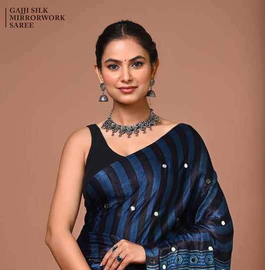 Premium Gajji Silk known for its lustrous sheen, rich texture, and lightweight drape.