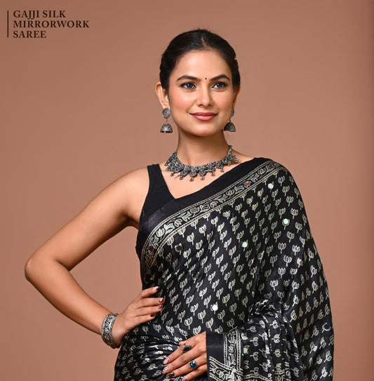 Premium Gajji Silk known for its lustrous sheen, rich texture, and lightweight drape.