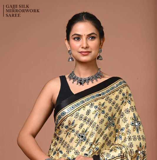 Premium Gajji Silk known for its lustrous sheen, rich texture, and lightweight drape.