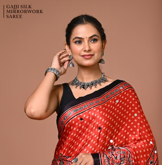 Premium Gajji Silk known for its lustrous sheen, rich texture, and lightweight drape.