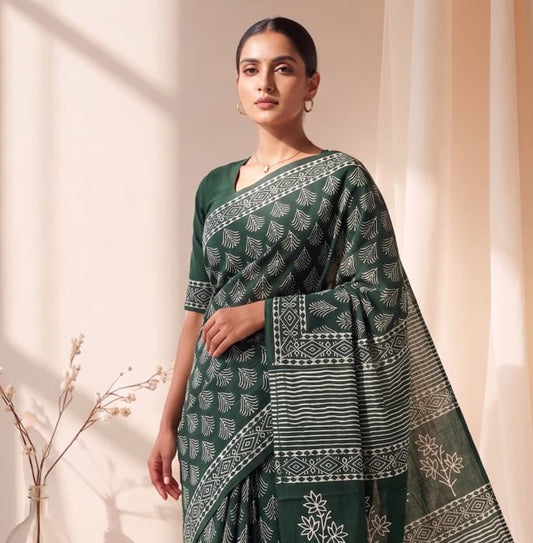 New Arrival: Premium Hand Block Printed Pure Cotton Mulmul Saree with Blouse