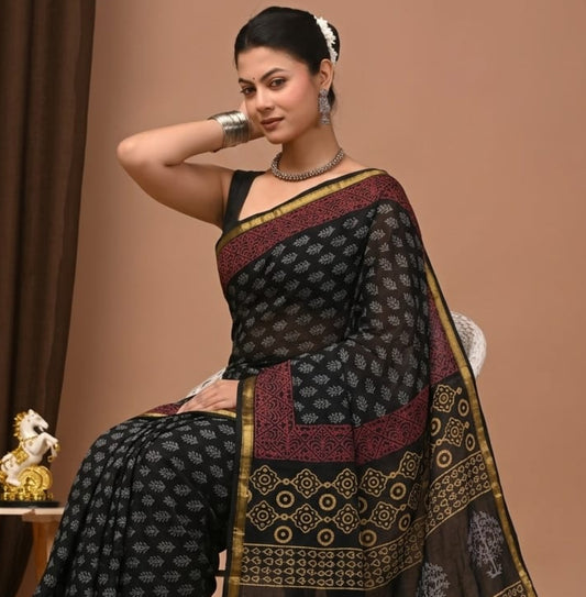 Hand Block Printed Malai Chanderi Cotton Saree with Elegant Zari Border