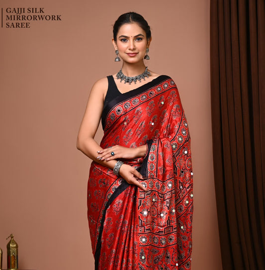 Premium Gajji Silk known for its lustrous sheen, rich texture, and lightweight drape.