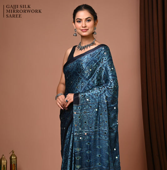 Premium Gajji Silk known for its lustrous sheen, rich texture, and lightweight drape.
