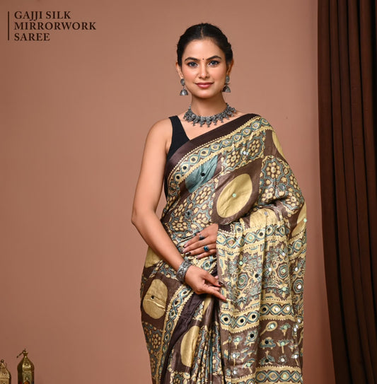 Premium Gajji Silk known for its lustrous sheen, rich texture, and lightweight drape.