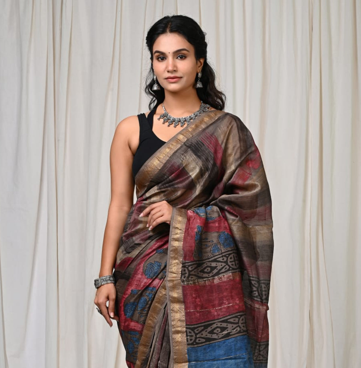 Pure Silk Maheshwari Block-Printed Saree
