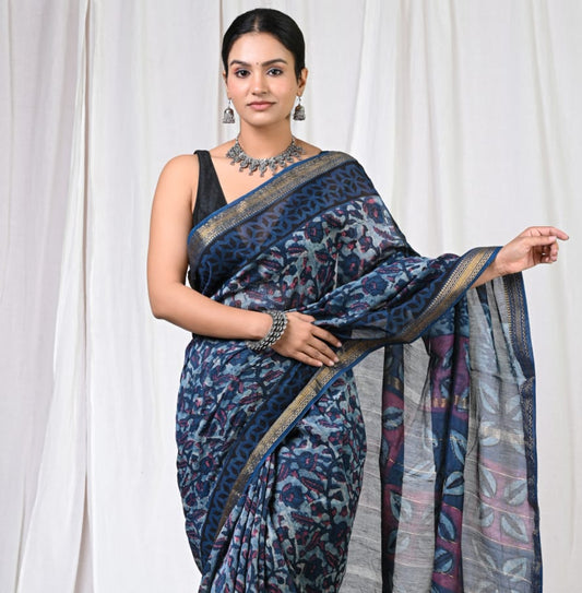 Pure Silk Maheshwari Block-Printed Saree
