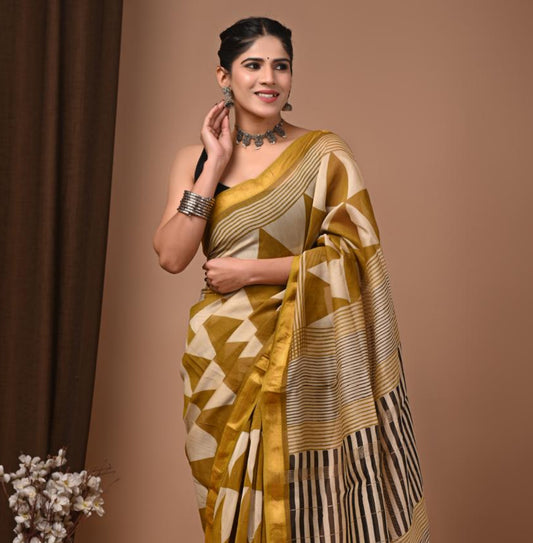 Pure Silk Maheshwari Block-Printed Saree