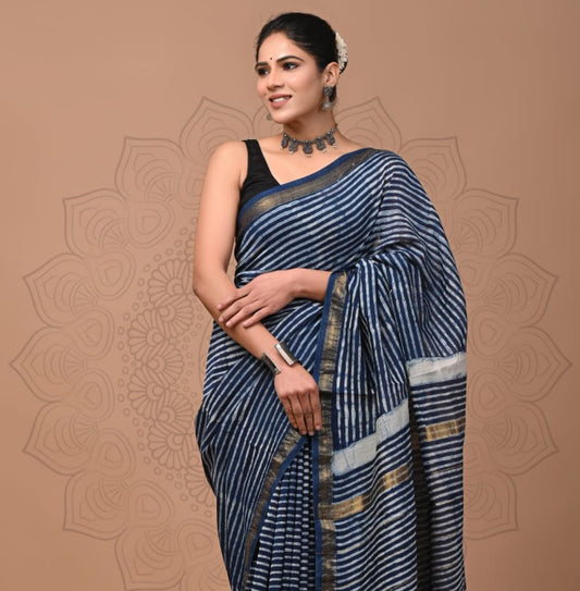 Pure Silk Maheshwari Block-Printed Saree