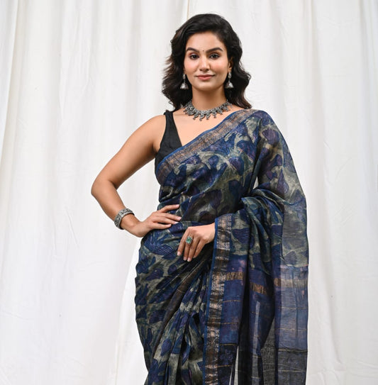 Pure Silk Maheshwari Block-Printed Saree