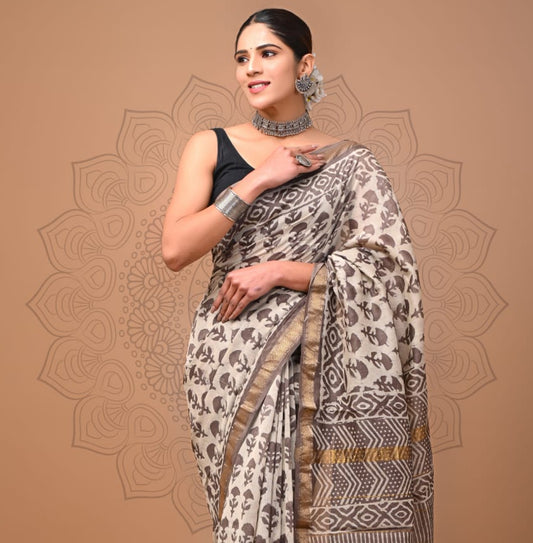 Pure Silk Maheshwari Block-Printed Saree
