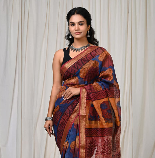 Pure Silk Maheshwari Block-Printed Saree