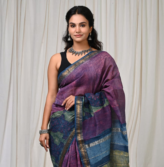 Pure Silk Maheshwari Block-Printed Saree