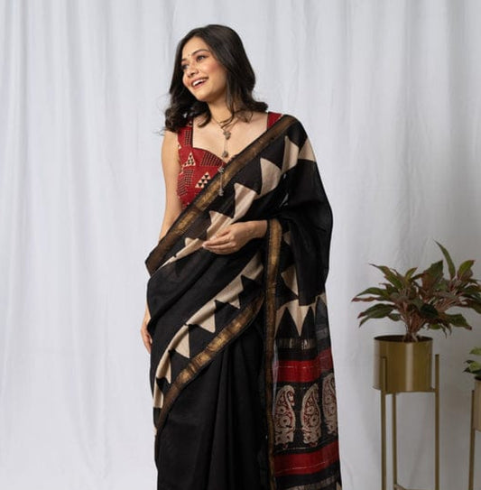 Pure Silk Maheshwari Block-Printed Saree