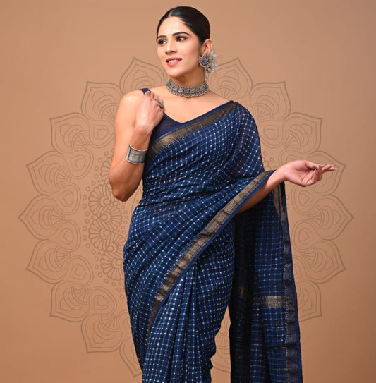 Pure Silk Maheshwari Block-Printed Saree