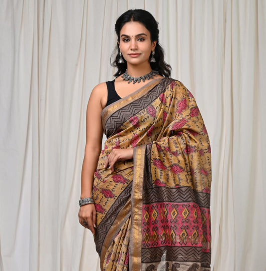 Pure Silk Maheshwari Block-Printed Saree