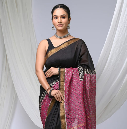 Pure Silk Maheshwari Block-Printed Saree