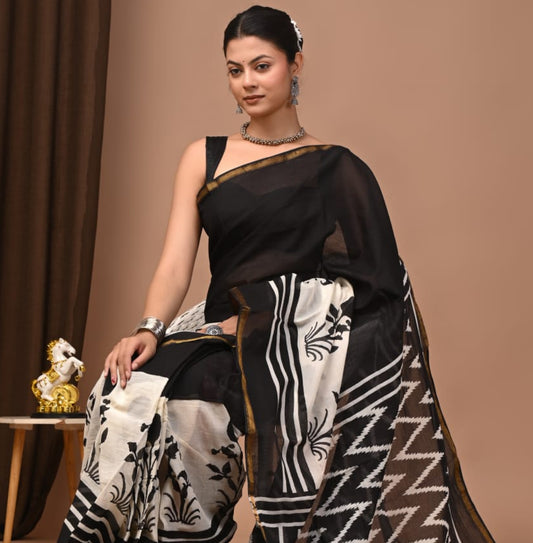 Hand Block Printed Malai Chanderi Cotton Saree with Elegant Zari Border