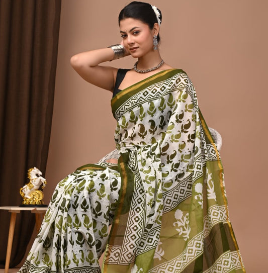 Hand Block Printed Malai Chanderi Cotton Saree with Elegant Zari Border