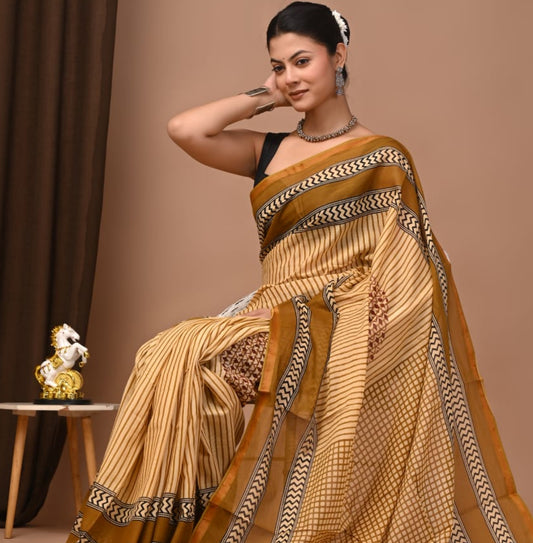 Hand Block Printed Malai Chanderi Cotton Saree with Elegant Zari Border