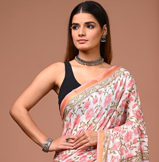Hand Block Printed Pure Cotton Mulmul Saree with Golden Zari Border