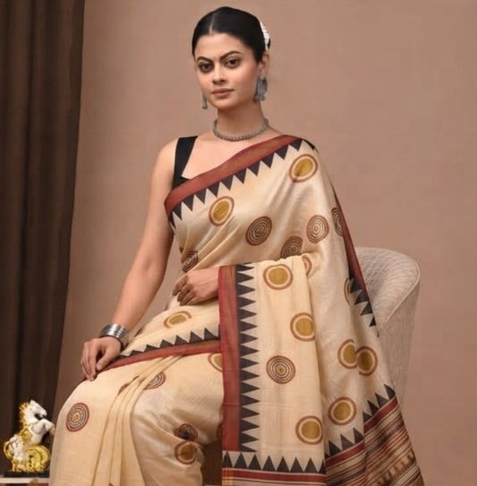 Hand Block Printed Malai Chanderi Cotton Saree with Elegant Zari Border