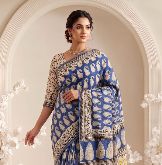 New Arrival: Premium Hand Block Printed Pure Cotton Mulmul Saree with Blouse