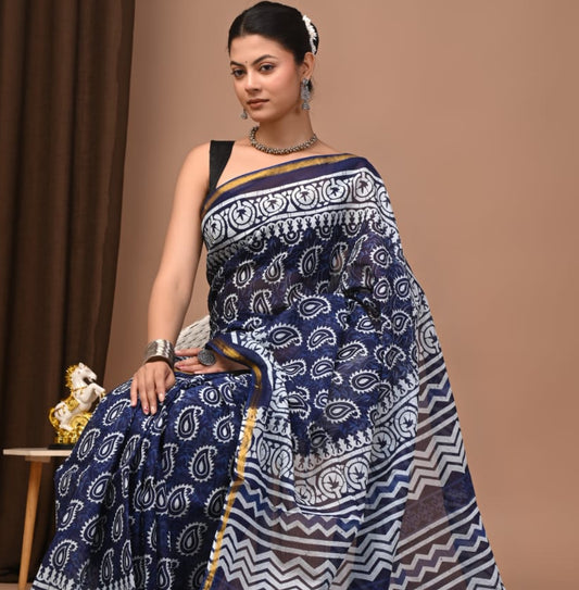 Hand Block Printed Malai Chanderi Cotton Saree with Elegant Zari Border